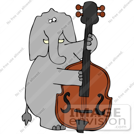 #41665 Clip Art Graphic of a Gray Elephant Playing a Bass by DJArt