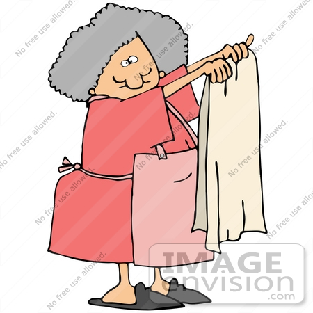 #41671 Clip Art Graphic of a Caucasian Woman In Pink, Holding Up A Towel by DJArt