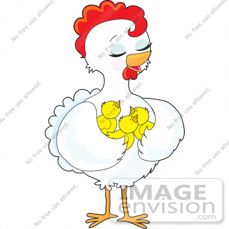 #42166 Clip Art Graphic of a Pretty White Hen With Her Chicks by Maria Bell
