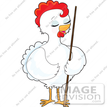 #42167 Clip Art Graphic of a Pretty White Hen Standing With A Pool Stick by Maria Bell