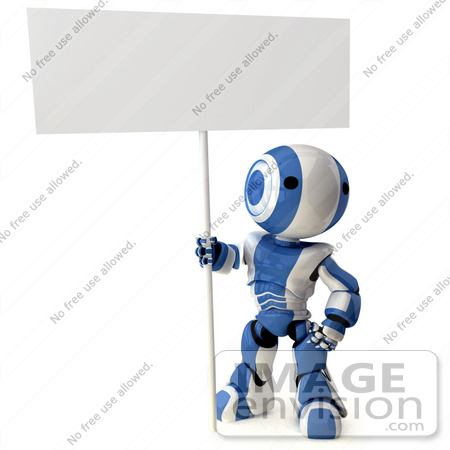 #42185 Clip Art Graphic of a Blue Futuristic Robot Standing With A Blank Sign by Jester Arts