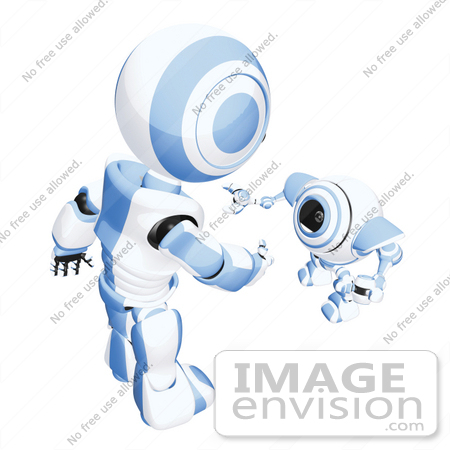 #42187 Clip Art Graphic of a Blue Futuristic Robot Bending Down To Greet A Cam by Jester Arts