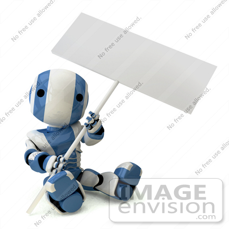 #42189 Clip Art Graphic of a Blue Futuristic Robot Sitting With A Sign by Jester Arts