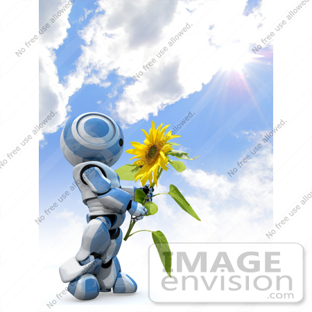 #42190 Clip Art Graphic of a Blue Futuristic Robot Against A Sky, Holding A Sunflower by Jester Arts