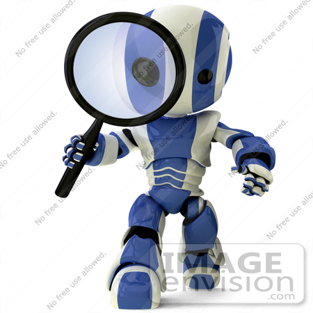#42191 Clip Art Graphic of a Blue Futuristic Robot Inspecting by Jester Arts
