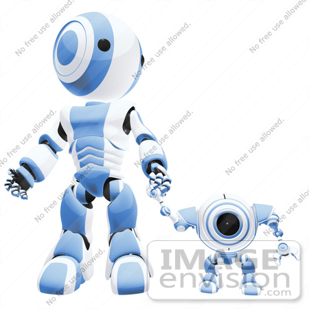 #42194 Clip Art Graphic of a Blue Futuristic Robot Walking Hand In Hand With A Cam by Jester Arts