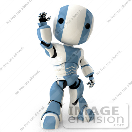 #42195 Clip Art Graphic of a Blue Futuristic Robot Waving by Jester Arts