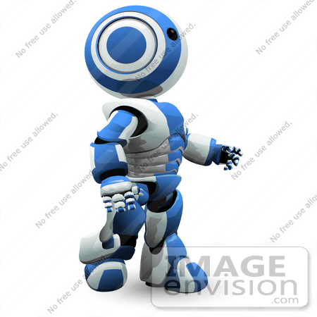 #42197 Clip Art Graphic of a Blue Futuristic Robot Walking by Jester Arts