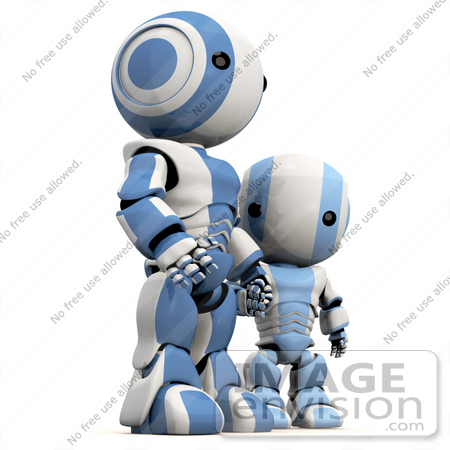 #42198 Clip Art Graphic of a Blue Futuristic Robot Holding Hands With A Child by Jester Arts