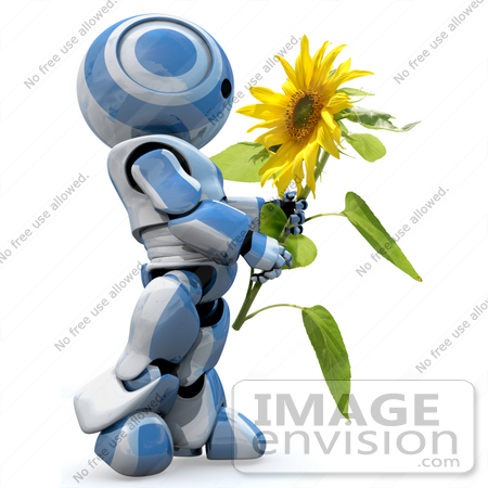 #42200 Clip Art Graphic of a Blue Futuristic Robot Holding A Sunflower by Jester Arts