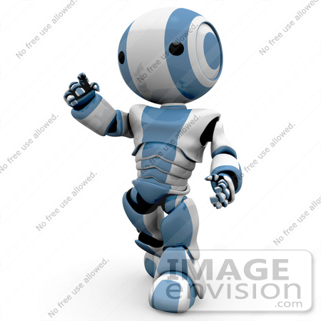 #42206 Clip Art Graphic of a Blue Futuristic Robot Pointing And Walking by Jester Arts