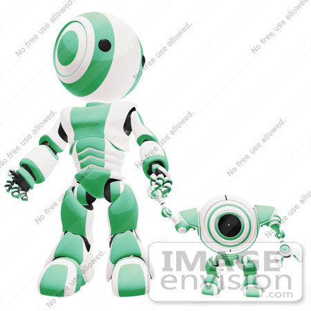 #42212 Clip Art Graphic of a Green Futuristic Robot Holding Hands With A Cam by Jester Arts