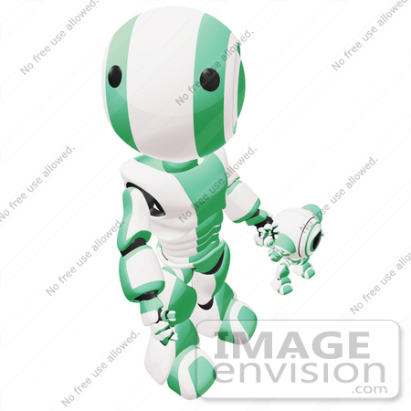 #42213 Clip Art Graphic of a Green Futuristic Robot Walking With A Cam And Looking Up by Jester Arts
