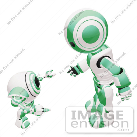 #42214 Clip Art Graphic of a Green Futuristic Robot Chatting With A Cam by Jester Arts