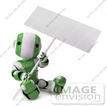 #42215 Clip Art Graphic of a Green Futuristic Robot Sitting With A Sign by Jester Arts