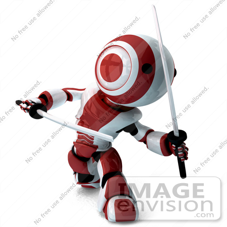 #42221 Clip Art Graphic of a Red Futuristic Robot Fighting With Katana Swords by Jester Arts