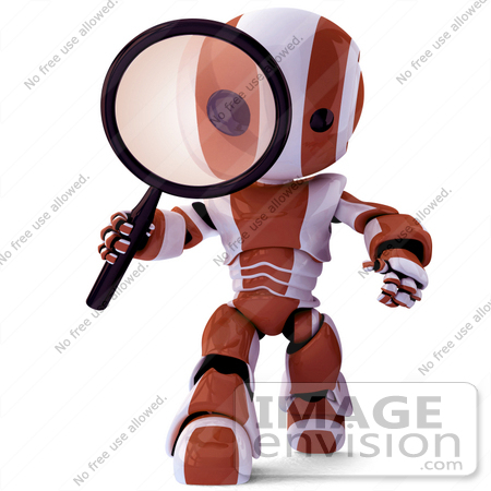 #42224 Clip Art Graphic of a Red Futuristic Robot Inspecting by Jester Arts