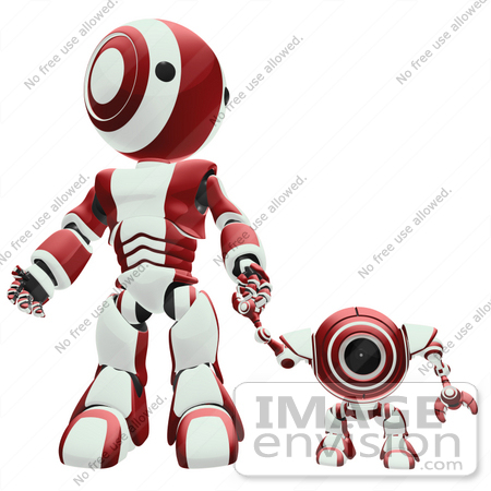 #42225 Clip Art Graphic of a Red Futuristic Robot Holding Hands With A Cam by Jester Arts