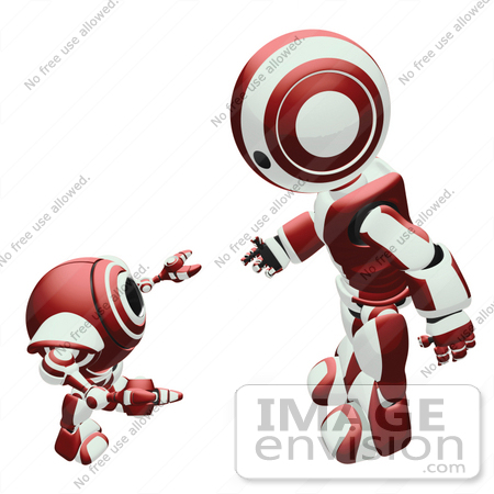 #42227 Clip Art Graphic of a Red Futuristic Robot Bending Down And Chatting With A Cam by Jester Arts