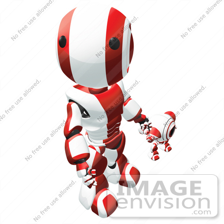#42230 Clip Art Graphic of a Red Futuristic Robot And Cam Holding Hands And Looking Up by Jester Arts
