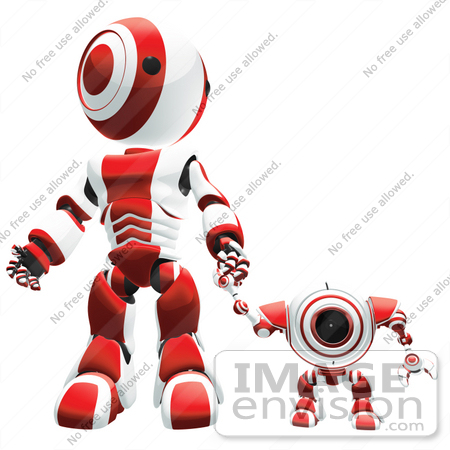#42231 Clip Art Graphic of a Red Futuristic Robot Standing With A Cam And Holding Hands by Jester Arts