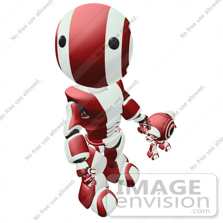 #42232 Clip Art Graphic of a Red Futuristic Robot Looking Up While Holding Hands With A Cam by Jester Arts