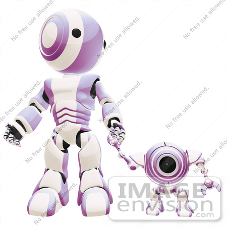 #42233 Clip Art Graphic of a Purple Futuristic Robot Holding Hands With A Cam by Jester Arts