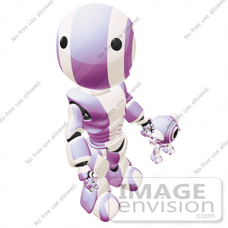 #42235 Clip Art Graphic of a Purple Futuristic Robot Looking Up And Holding Hands With A Cam by Jester Arts