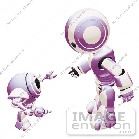 #42237 Clip Art Graphic of a Purple Futuristic Robot Discussing With A Cam by Jester Arts