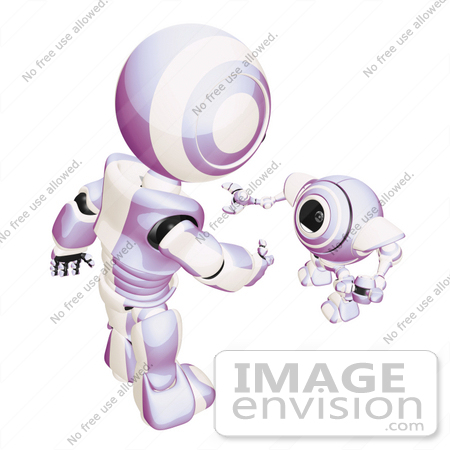 #42238 Clip Art Graphic of a Purple Futuristic Robot Greeting A Cam by Jester Arts
