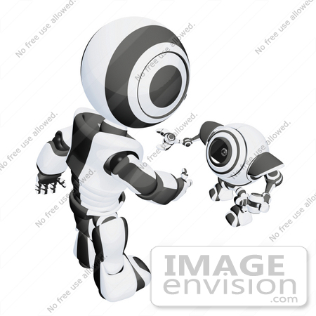 #42240 Clip Art Graphic of a Black Futuristic Robot Bending Down To Greet A Cam by Jester Arts