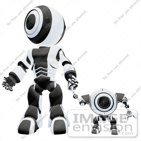 #42241 Clip Art Graphic of a Black Futuristic Robot Holding Hands With A Cam by Jester Arts