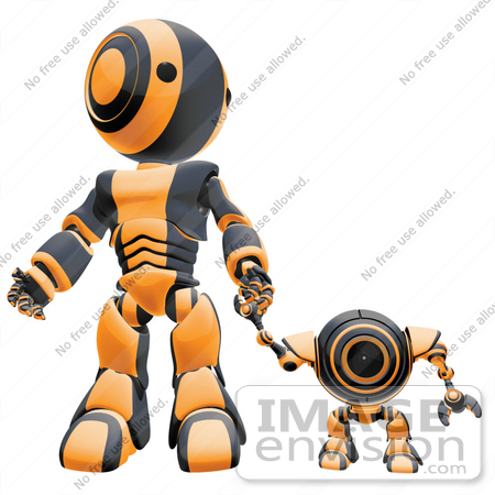 #42246 Clip Art Graphic of an Orange Futuristic Robot Holding Hands With A Cam by Jester Arts