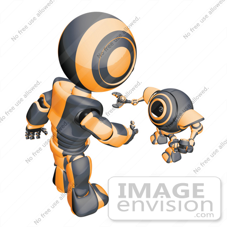 #42247 Clip Art Graphic of an Orange Futuristic Robot Talking To A Cam by Jester Arts