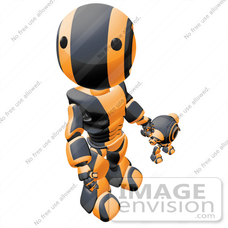 #42248 Clip Art Graphic of an Orange Futuristic Robot Looking Up And Holding Hands With A Cam by Jester Arts