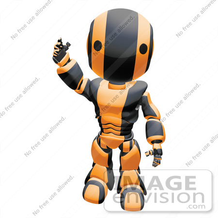 #42249 Clip Art Graphic of an Orange Futuristic Robot Waving by Jester Arts