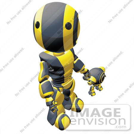 #42252 Clip Art Graphic of a Yellow Futuristic Robot Holding Hands With A Cam And Looking Up by Jester Arts