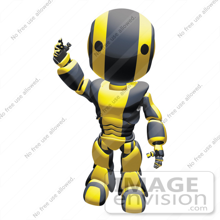 #42253 Clip Art Graphic of a Yellow Futuristic Robot Waving by Jester Arts