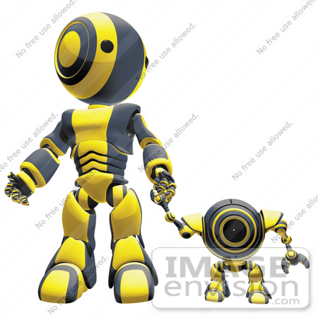 #42254 Clip Art Graphic of a Yellow Futuristic Robot Standing And Holding Hands With A Cam by Jester Arts