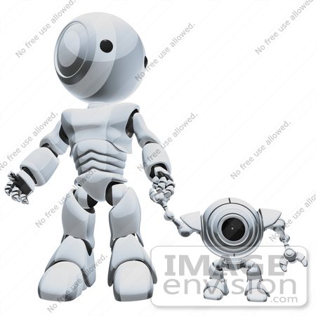#42258 Clip Art Graphic of a Chrome Futuristic Robot Holding Hands With A Cam by Jester Arts