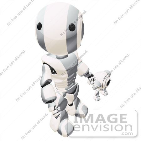 #42267 Clip Art Graphic of a Silver Futuristic Robot Looking Up And Holding Hands With A Cam by Jester Arts