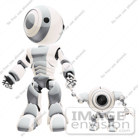 #42268 Clip Art Graphic of a Silver Futuristic Robot Standing And Holding Hands With A Cam by Jester Arts