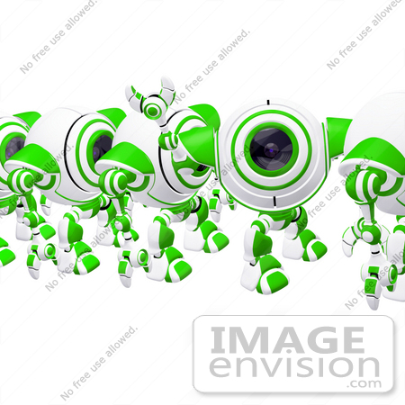 #42277 Clip Art Graphic of a Friendly Green Cam Waving In Line by Jester Arts