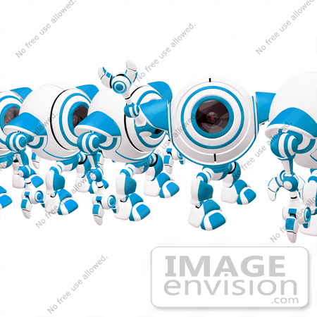 #42278 Clip Art Graphic of a Friendly Blue Cam Waving In Line by Jester Arts