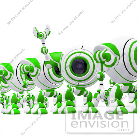 #42280 Clip Art Graphic of a Waving Green Cam In A Line by Jester Arts