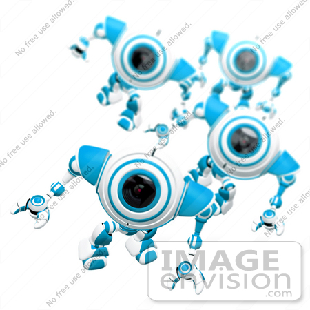 #42282 Clip Art Graphic of Alert Blue Cams Marching Forward by Jester Arts