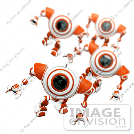 #42283 Clip Art Graphic of Alert Orange Cams Marching Forward by Jester Arts