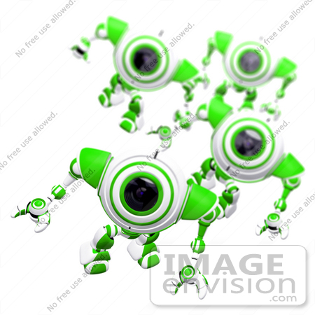 #42284 Clip Art Graphic of Alert Green Cams Marching Forward by Jester Arts