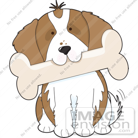 #42320 Clip Art Graphic of a King Charles Puppy Carrying A Big Bone In His Mouth by Maria Bell