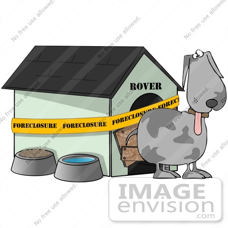 #42340 Clip Art Graphic Of a Homeless Dog Outside His Foreclosed House by DJArt